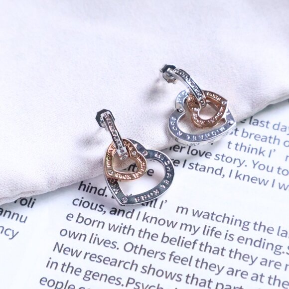 Michael Kors Interlocking Silver Rose Gold Heart Earrings - Picture 1 of 2